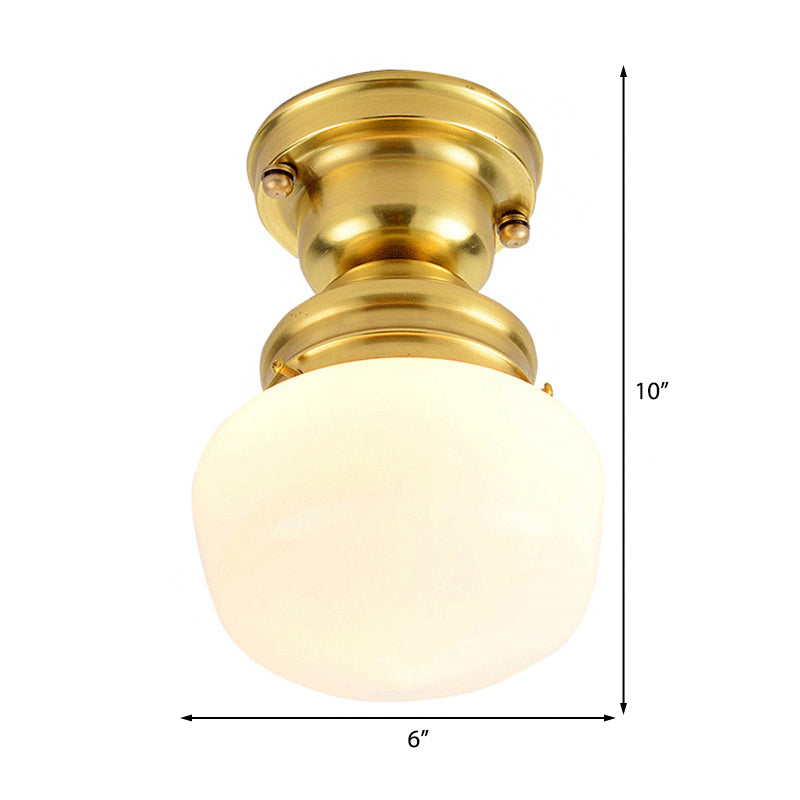 Round White Glass Flush Mount Lamp Classic 1 Light Living Room Ceiling Lighting in Brass Clearhalo 'Ceiling Lights' 'Close To Ceiling Lights' 'Close to ceiling' 'Flush mount' Lighting' 226513