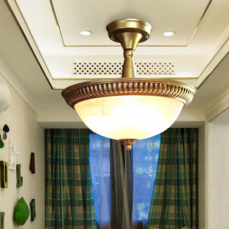 Brass LED Ceiling Lighting Classic Frosted Glass Domed Shaped Semi Flush Light for Corridor, Warm/White Light Brass Clearhalo 'Ceiling Lights' 'Close To Ceiling Lights' 'Close to ceiling' 'Glass shade' 'Glass' 'Semi-flushmount' Lighting' 226524