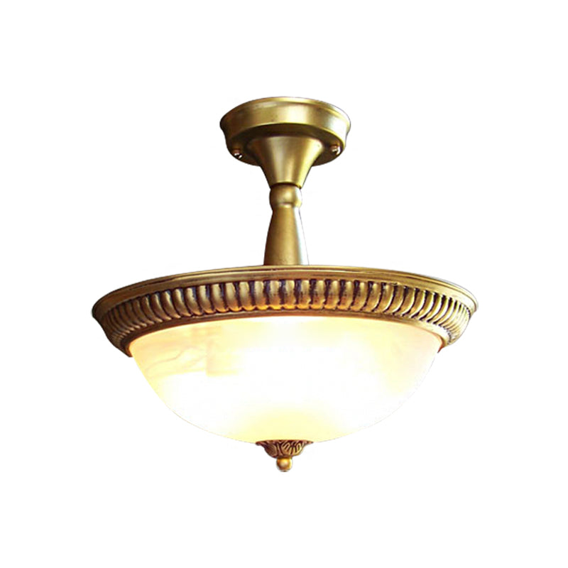 Brass LED Ceiling Lighting Classic Frosted Glass Domed Shaped Semi Flush Light for Corridor, Warm/White Light Clearhalo 'Ceiling Lights' 'Close To Ceiling Lights' 'Close to ceiling' 'Glass shade' 'Glass' 'Semi-flushmount' Lighting' 226526