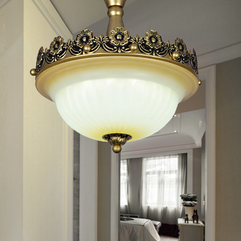 3 Lights Corridor Ceiling Light Fixture Traditional Bronze Semi Flush with Bowl Frosted Glass Shade Clearhalo 'Ceiling Lights' 'Close To Ceiling Lights' 'Close to ceiling' 'Glass shade' 'Glass' 'Semi-flushmount' Lighting' 226529