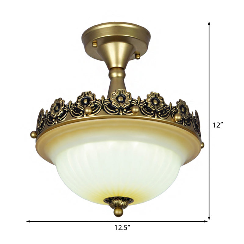3 Lights Corridor Ceiling Light Fixture Traditional Bronze Semi Flush with Bowl Frosted Glass Shade Clearhalo 'Ceiling Lights' 'Close To Ceiling Lights' 'Close to ceiling' 'Glass shade' 'Glass' 'Semi-flushmount' Lighting' 226531
