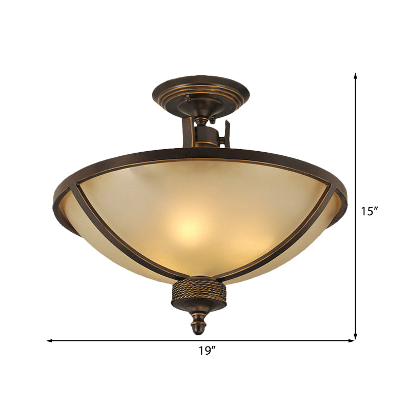 3 Lights Frosted Glass Semi Flush Light Traditional Black Domed Bedroom Semi Flush Mount Lighting Clearhalo 'Ceiling Lights' 'Close To Ceiling Lights' 'Close to ceiling' 'Glass shade' 'Glass' 'Semi-flushmount' Lighting' 226540