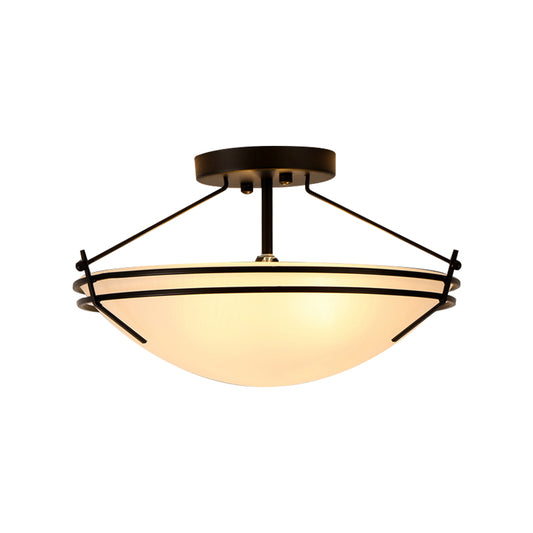 Bowl Frosted Glass Semi Flush Traditional 3 Lights Corridor Ceiling Light Fixture in Black Clearhalo 'Ceiling Lights' 'Close To Ceiling Lights' 'Close to ceiling' 'Glass shade' 'Glass' 'Semi-flushmount' Lighting' 226554
