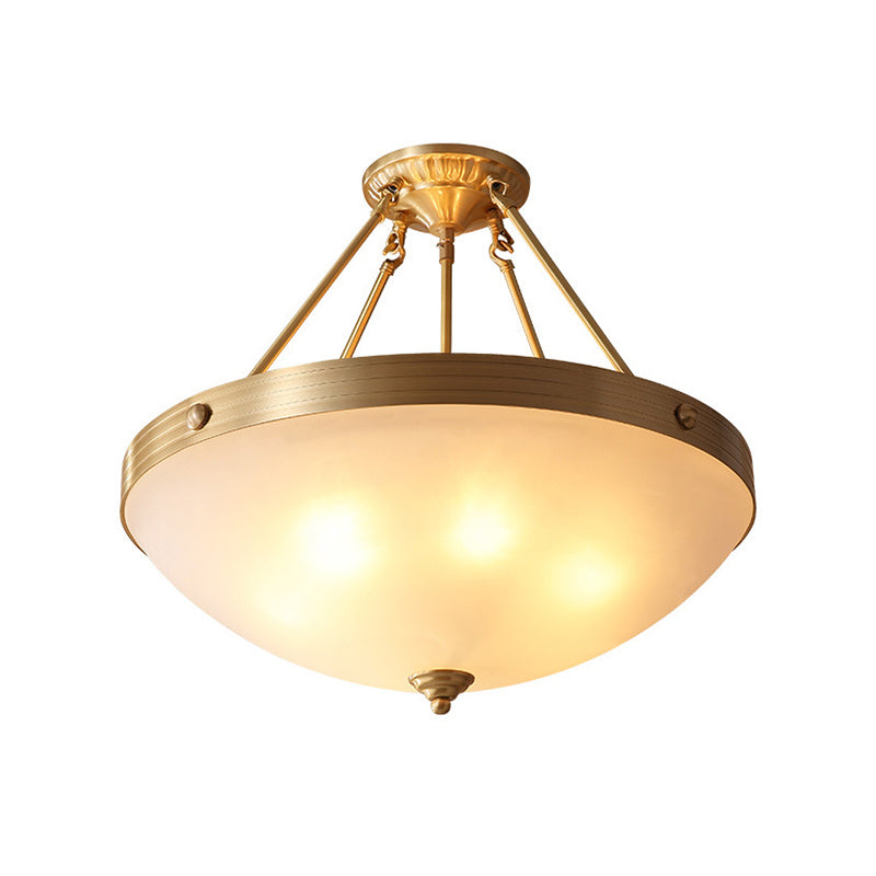 Gold 3 Lights Ceiling Mount Traditional Frosted Glass Bowl Shaped Semi Flush Light for Dining Room, 12"/16"/19.5" Wide Clearhalo 'Ceiling Lights' 'Close To Ceiling Lights' 'Close to ceiling' 'Glass shade' 'Glass' 'Semi-flushmount' Lighting' 226563