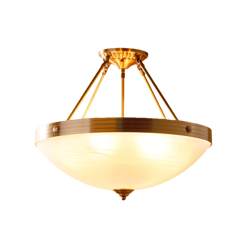Gold 3 Lights Ceiling Mount Traditional Frosted Glass Bowl Shaped Semi Flush Light for Dining Room, 12"/16"/19.5" Wide Clearhalo 'Ceiling Lights' 'Close To Ceiling Lights' 'Close to ceiling' 'Glass shade' 'Glass' 'Semi-flushmount' Lighting' 226567