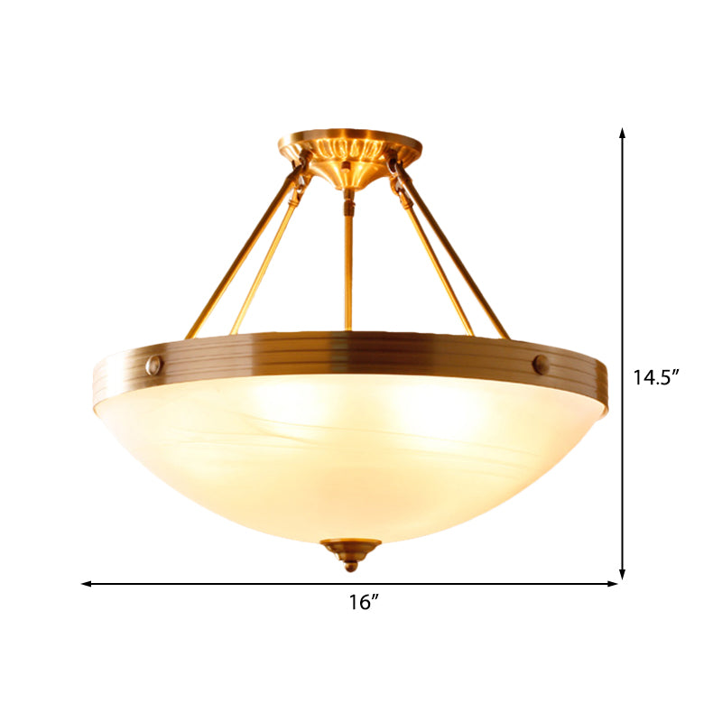 Gold 3 Lights Ceiling Mount Traditional Frosted Glass Bowl Shaped Semi Flush Light for Dining Room, 12"/16"/19.5" Wide Clearhalo 'Ceiling Lights' 'Close To Ceiling Lights' 'Close to ceiling' 'Glass shade' 'Glass' 'Semi-flushmount' Lighting' 226568