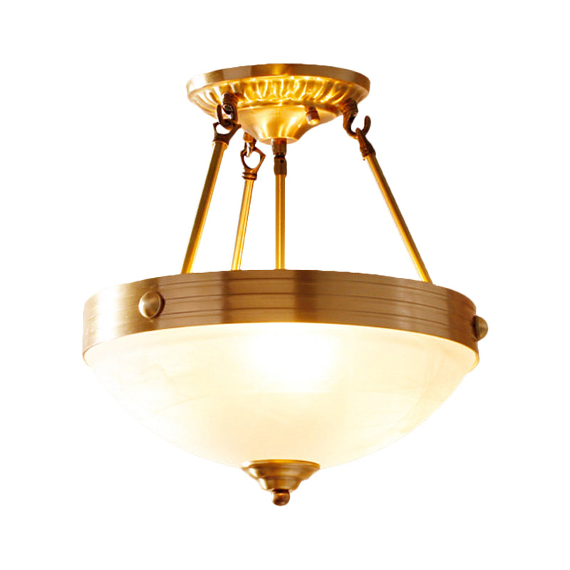 Gold 3 Lights Ceiling Mount Traditional Frosted Glass Bowl Shaped Semi Flush Light for Dining Room, 12"/16"/19.5" Wide Clearhalo 'Ceiling Lights' 'Close To Ceiling Lights' 'Close to ceiling' 'Glass shade' 'Glass' 'Semi-flushmount' Lighting' 226570
