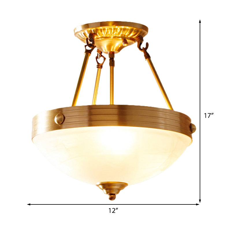 Gold 3 Lights Ceiling Mount Traditional Frosted Glass Bowl Shaped Semi Flush Light for Dining Room, 12"/16"/19.5" Wide Clearhalo 'Ceiling Lights' 'Close To Ceiling Lights' 'Close to ceiling' 'Glass shade' 'Glass' 'Semi-flushmount' Lighting' 226571
