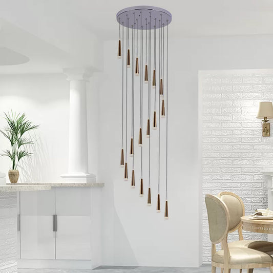 Gold Cone Hanging Light Fixture Minimalist Acrylic 19 Bulbs Stair Multi Lamp Pendant with Spiral Design Gold Clearhalo 'Ceiling Lights' 'Modern Pendants' 'Modern' 'Pendant Lights' 'Pendants' Lighting' 2265714