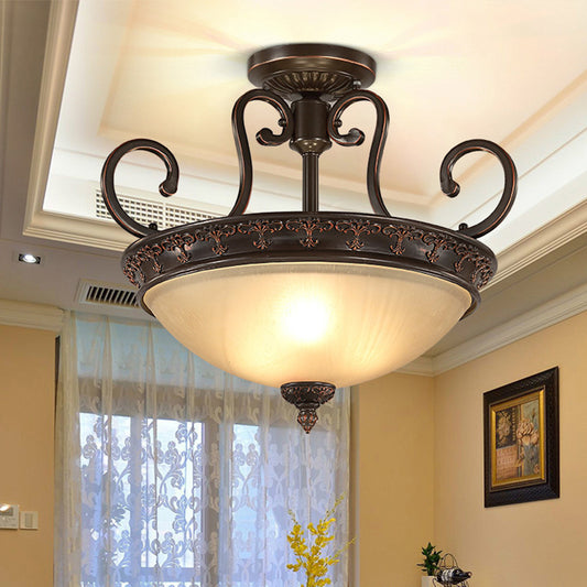 3 Lights Corridor Ceiling Lamp Traditional Brown Semi Flush with Bowl Frosted Glass Shade Brown Clearhalo 'Ceiling Lights' 'Close To Ceiling Lights' 'Close to ceiling' 'Glass shade' 'Glass' 'Semi-flushmount' Lighting' 226572