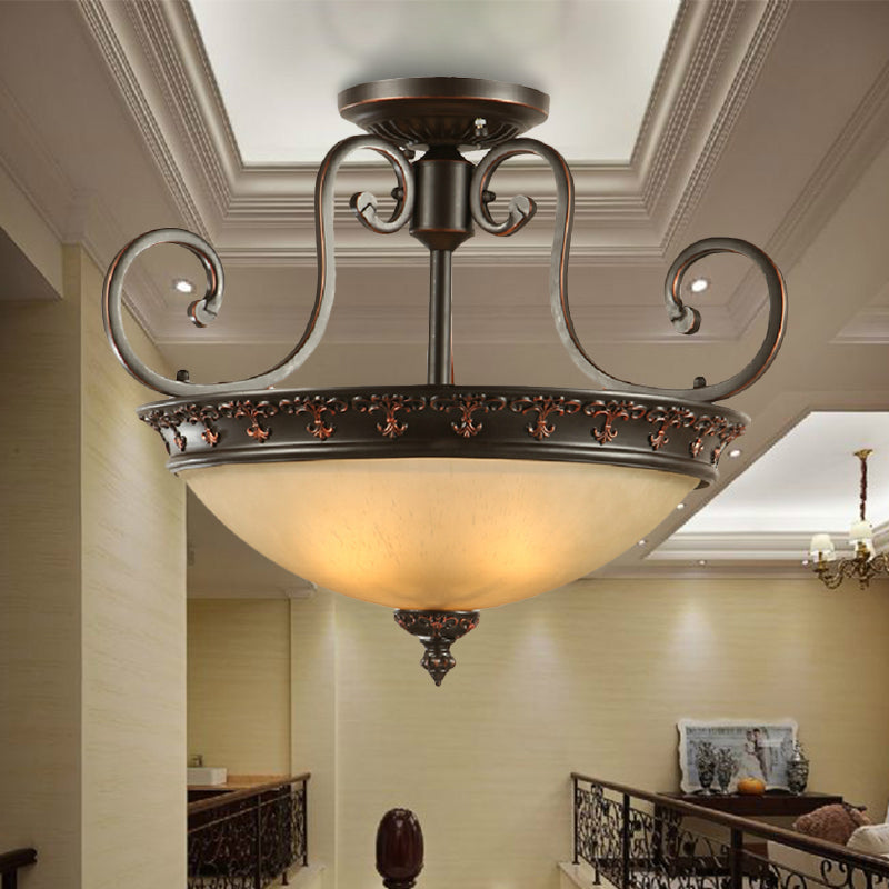 3 Lights Corridor Ceiling Lamp Traditional Brown Semi Flush with Bowl Frosted Glass Shade Clearhalo 'Ceiling Lights' 'Close To Ceiling Lights' 'Close to ceiling' 'Glass shade' 'Glass' 'Semi-flushmount' Lighting' 226573