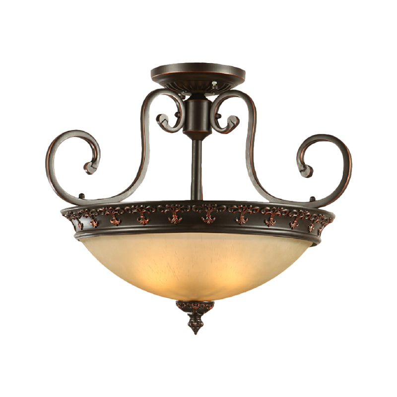 3 Lights Corridor Ceiling Lamp Traditional Brown Semi Flush with Bowl Frosted Glass Shade Clearhalo 'Ceiling Lights' 'Close To Ceiling Lights' 'Close to ceiling' 'Glass shade' 'Glass' 'Semi-flushmount' Lighting' 226574