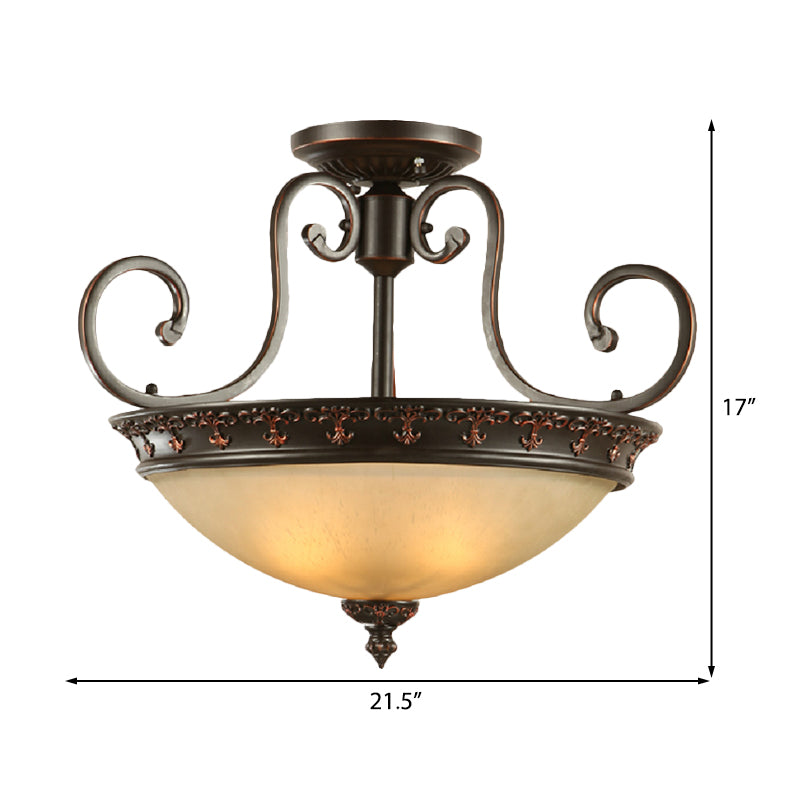 3 Lights Corridor Ceiling Lamp Traditional Brown Semi Flush with Bowl Frosted Glass Shade Clearhalo 'Ceiling Lights' 'Close To Ceiling Lights' 'Close to ceiling' 'Glass shade' 'Glass' 'Semi-flushmount' Lighting' 226575