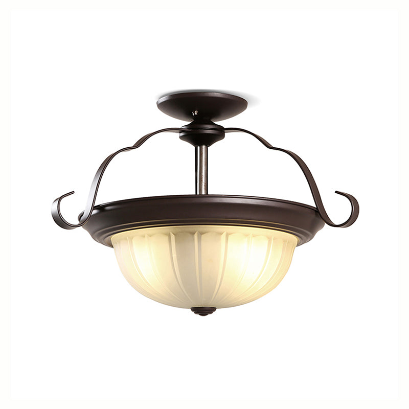 2 Lights Corridor Semi Flush Mount Classic Black Close to Ceiling Lighting with Bowl Frosted Glass Shade Clearhalo 'Ceiling Lights' 'Close To Ceiling Lights' 'Close to ceiling' 'Glass shade' 'Glass' 'Semi-flushmount' Lighting' 226581