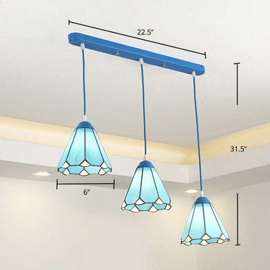 Tiffany Conical Hanging Light 3 Heads Stained Glass Multi Light Pendant for Restaurant Light Blue Clearhalo 'Ceiling Lights' 'Industrial' 'Middle Century Pendants' 'Pendant Lights' 'Pendants' 'Tiffany close to ceiling' 'Tiffany Pendants' 'Tiffany' Lighting' 2265819