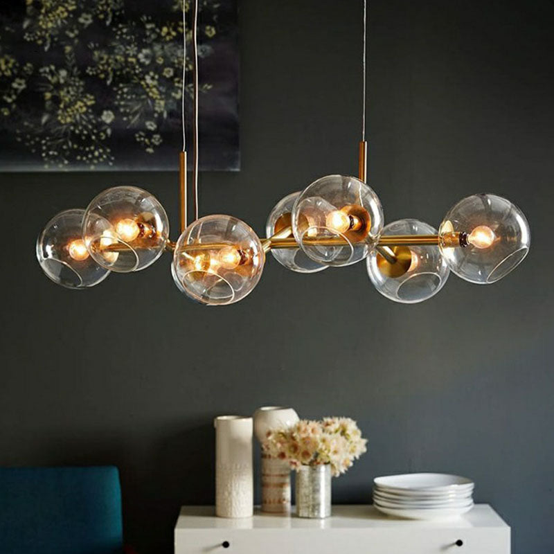 8-Light Dining Room Suspension Lighting Postmodern Brass Island Light with Dome Glass Shade Clearhalo 'Ceiling Lights' 'Island Lights' Lighting' 2265965