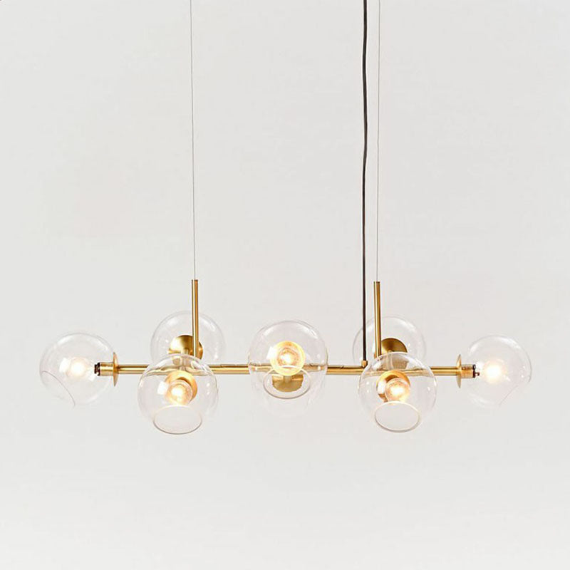 8-Light Dining Room Suspension Lighting Postmodern Brass Island Light with Dome Glass Shade Clearhalo 'Ceiling Lights' 'Island Lights' Lighting' 2265967