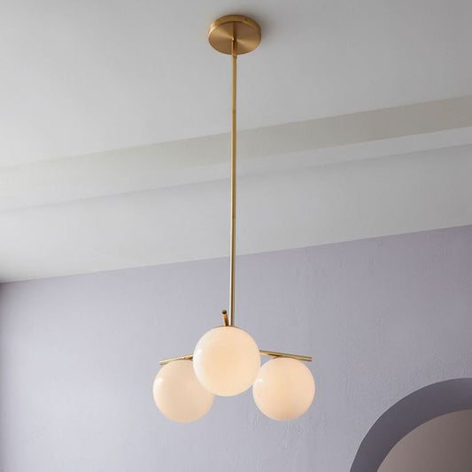 Minimalistic 3 Heads Chandelier Gold Ball Suspension Light with Cream Glass Shade Gold Clearhalo 'Ceiling Lights' 'Chandeliers' 'Modern Chandeliers' 'Modern' Lighting' 2266217