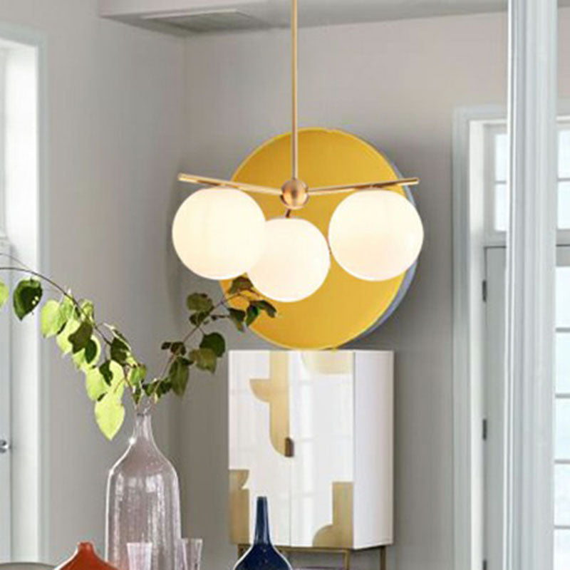 Minimalistic 3 Heads Chandelier Gold Ball Suspension Light with Cream Glass Shade Clearhalo 'Ceiling Lights' 'Chandeliers' 'Modern Chandeliers' 'Modern' Lighting' 2266218