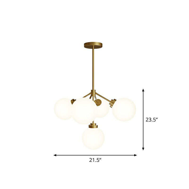 Ball Dining Room Chandelier Light Opal Glass 5-Bulb Minimalist Hanging Lamp in Gold Clearhalo 'Ceiling Lights' 'Chandeliers' 'Modern Chandeliers' 'Modern' Lighting' 2266224
