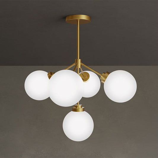Ball Dining Room Chandelier Light Opal Glass 5-Bulb Minimalist Hanging Lamp in Gold Clearhalo 'Ceiling Lights' 'Chandeliers' 'Modern Chandeliers' 'Modern' Lighting' 2266225