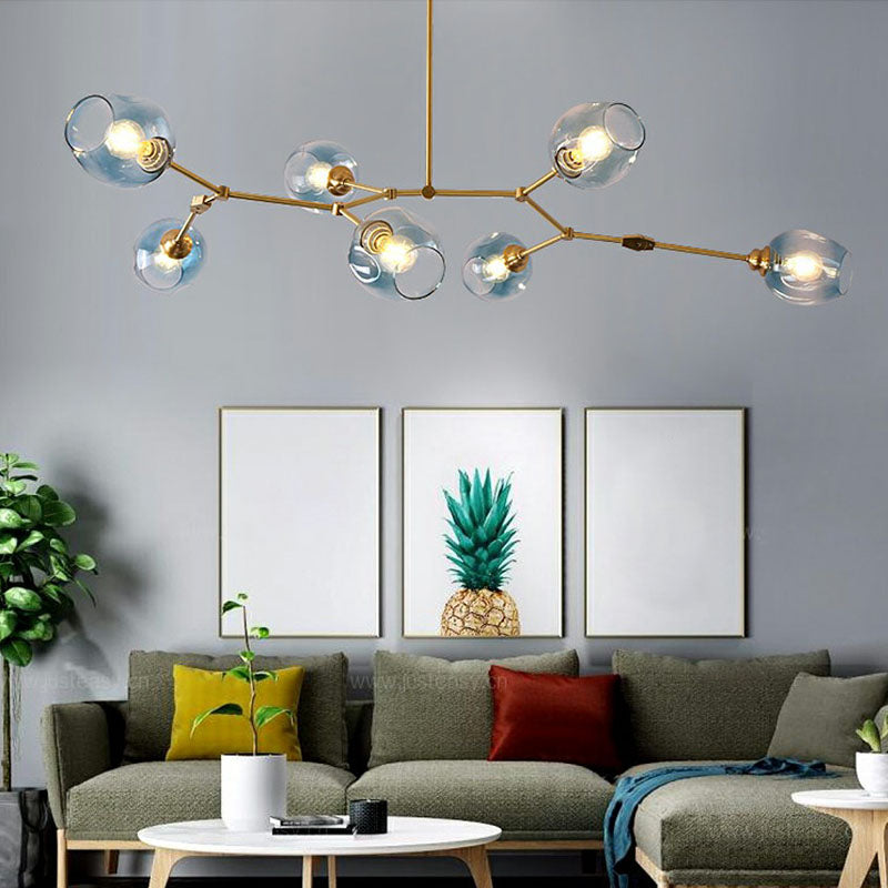 Adjustable Branch Chandelier Postmodern Dimpled Glass 7-Light Gold Hanging Light for Parlor Blue Clearhalo 'Ceiling Lights' 'Chandeliers' 'Modern Chandeliers' 'Modern' Lighting' 2266252