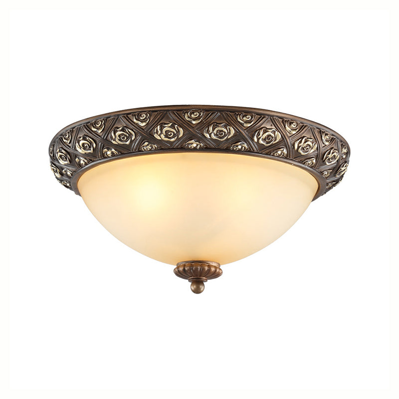 Brown 3 Lights Ceiling Mount Traditional Frosted Glass Bowl Flush Light Fixture for Bedroom, 10"/14.5"/18.5" Wide Clearhalo 'Ceiling Lights' 'Close To Ceiling Lights' 'Close to ceiling' 'Flush mount' Lighting' 226644