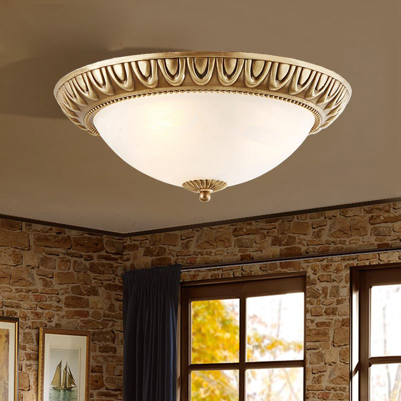 Bowl Frosted Glass Flush Fixture Traditional 4 Lights Living Room Ceiling Light in Brass Brass Clearhalo 'Ceiling Lights' 'Close To Ceiling Lights' 'Close to ceiling' 'Glass shade' 'Glass' Lighting' 226707