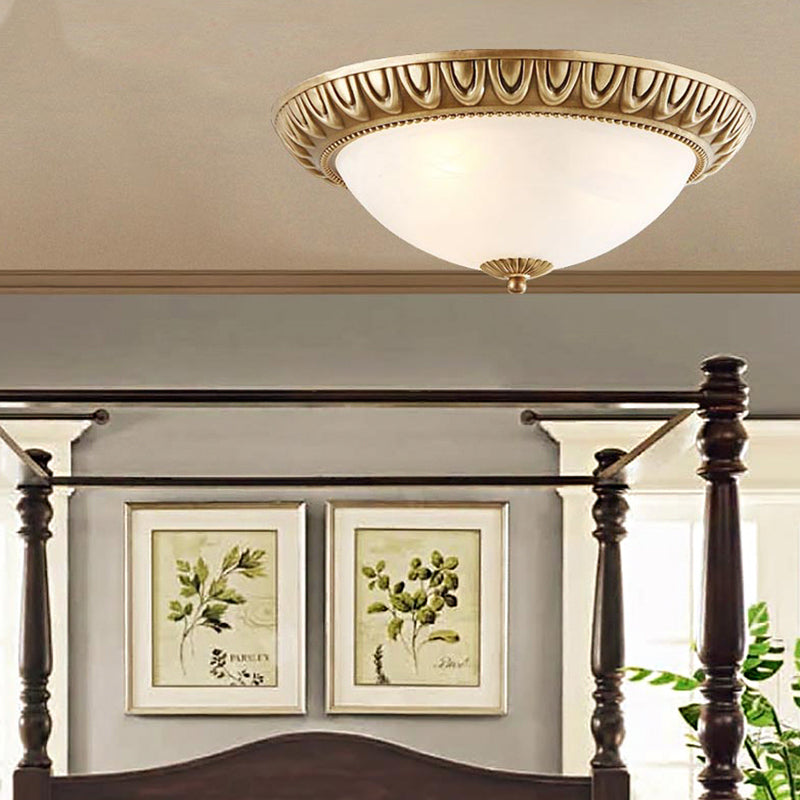 Bowl Frosted Glass Flush Fixture Traditional 4 Lights Living Room Ceiling Light in Brass Clearhalo 'Ceiling Lights' 'Close To Ceiling Lights' 'Close to ceiling' 'Glass shade' 'Glass' Lighting' 226708