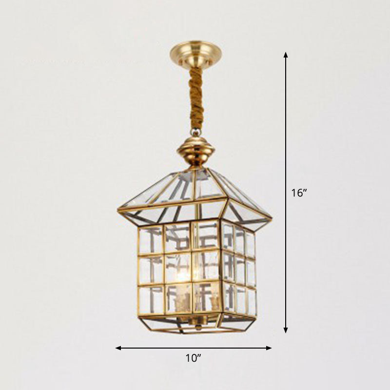 Traditional House Shaped Pendant Light Clear Glass Hanging Lamp in Brass for Foyer Clearhalo 'Ceiling Lights' 'Pendant Lights' 'Pendants' Lighting' 2267711