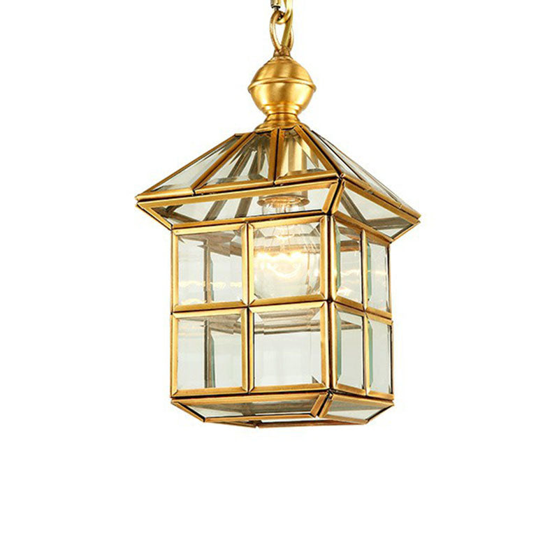 Traditional House Shaped Pendant Light Clear Glass Hanging Lamp in Brass for Foyer Clearhalo 'Ceiling Lights' 'Pendant Lights' 'Pendants' Lighting' 2267712