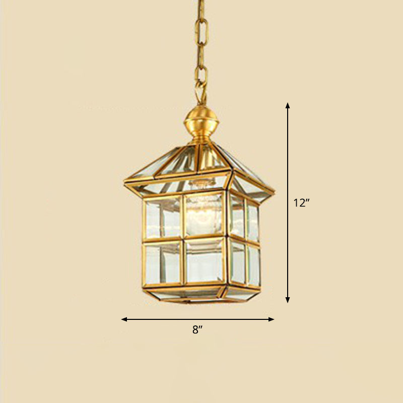 Traditional House Shaped Pendant Light Clear Glass Hanging Lamp in Brass for Foyer 1 Brass Clearhalo 'Ceiling Lights' 'Pendant Lights' 'Pendants' Lighting' 2267713_36d86e16-763b-4899-a142-0d6f5e34867e