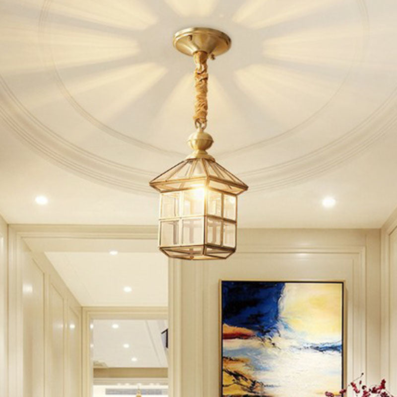 Traditional House Shaped Pendant Light Clear Glass Hanging Lamp in Brass for Foyer Clearhalo 'Ceiling Lights' 'Pendant Lights' 'Pendants' Lighting' 2267714