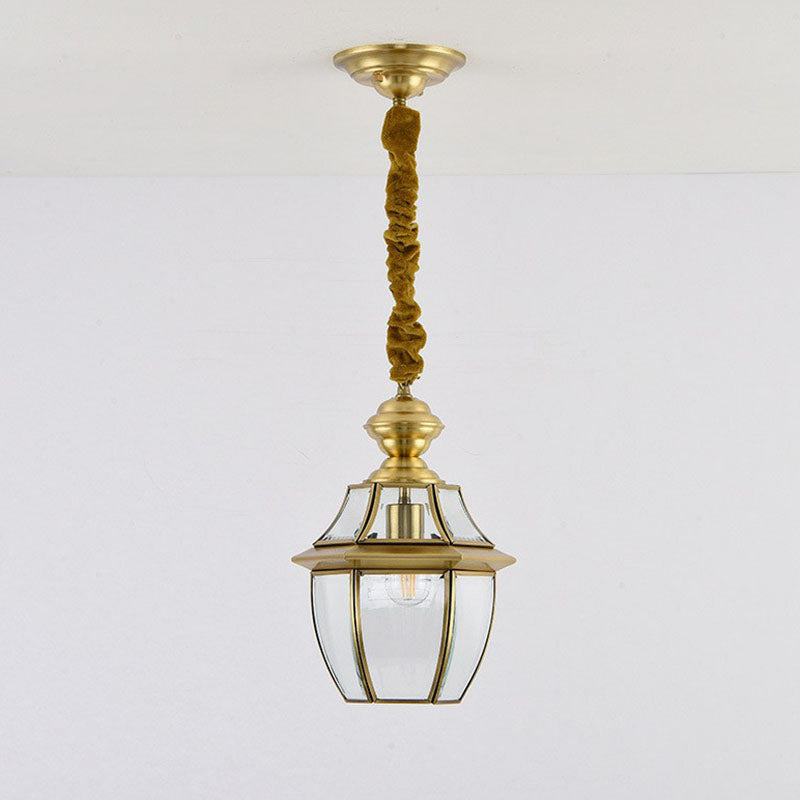 Ceiling Hanging Lantern Antique Oval Clear Glass Pendant Lighting in Brass for Dining Room Clearhalo 'Ceiling Lights' 'Pendant Lights' 'Pendants' Lighting' 2267717