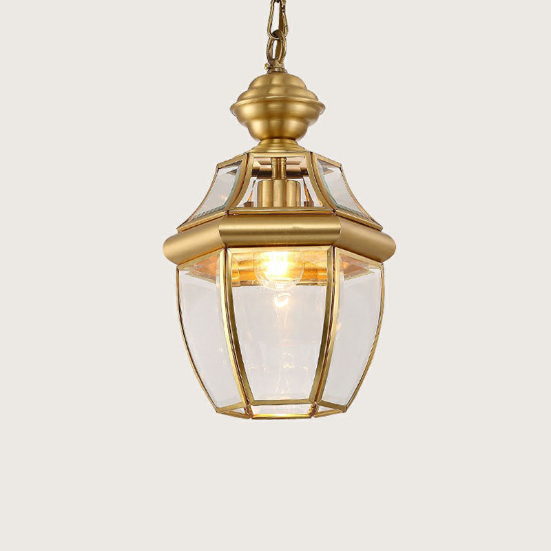 Brass Oval Lantern Pendant Lamp Colonial Style Clear Glass Corridor Ceiling Hang Light Clearhalo 'Ceiling Lights' 'Pendant Lights' 'Pendants' Lighting' 2267722