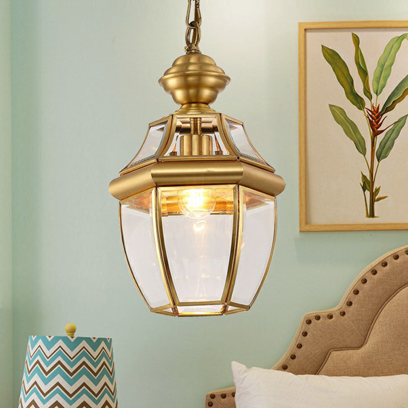 Brass Oval Lantern Pendant Lamp Colonial Style Clear Glass Corridor Ceiling Hang Light Clearhalo 'Ceiling Lights' 'Pendant Lights' 'Pendants' Lighting' 2267723