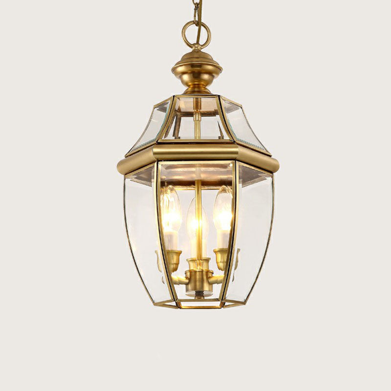 Brass Oval Lantern Pendant Lamp Colonial Style Clear Glass Corridor Ceiling Hang Light Clearhalo 'Ceiling Lights' 'Pendant Lights' 'Pendants' Lighting' 2267724