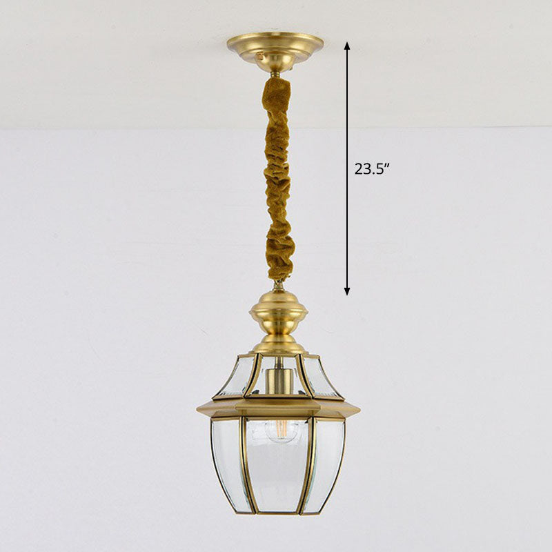 Brass Oval Lantern Pendant Lamp Colonial Style Clear Glass Corridor Ceiling Hang Light Clearhalo 'Ceiling Lights' 'Pendant Lights' 'Pendants' Lighting' 2267725