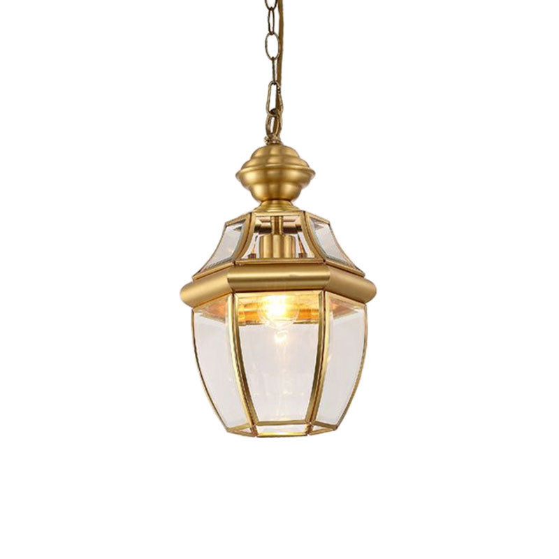 Brass Oval Lantern Pendant Lamp Colonial Style Clear Glass Corridor Ceiling Hang Light Clearhalo 'Ceiling Lights' 'Pendant Lights' 'Pendants' Lighting' 2267726