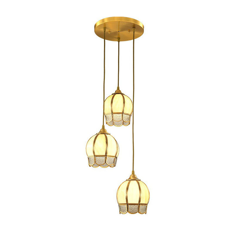 Frosted Glass Flower Cluster Pendant Vintage 3-Head Dining Room Hanging Light in Brass Clearhalo 'Ceiling Lights' 'Pendant Lights' 'Pendants' Lighting' 2267727