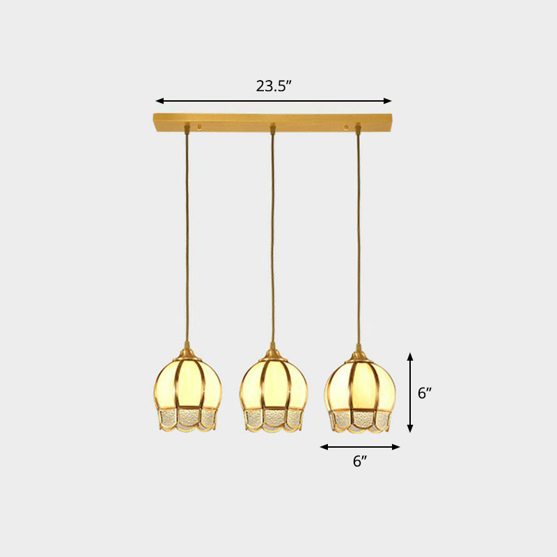 Frosted Glass Flower Cluster Pendant Vintage 3-Head Dining Room Hanging Light in Brass Brass Linear Clearhalo 'Ceiling Lights' 'Pendant Lights' 'Pendants' Lighting' 2267728_8be6cc50-a86a-405b-9ffb-fc3ec4e25d01