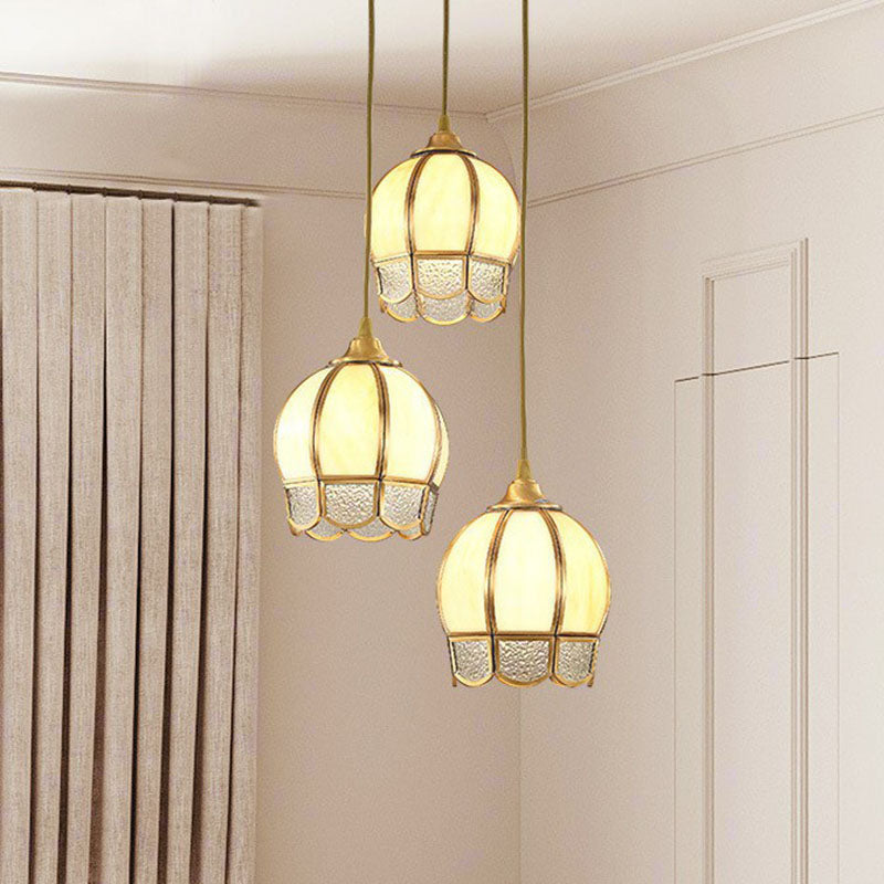 Frosted Glass Flower Cluster Pendant Vintage 3-Head Dining Room Hanging Light in Brass Clearhalo 'Ceiling Lights' 'Pendant Lights' 'Pendants' Lighting' 2267729