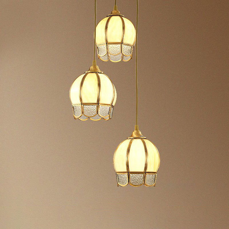 Frosted Glass Flower Cluster Pendant Vintage 3-Head Dining Room Hanging Light in Brass Clearhalo 'Ceiling Lights' 'Pendant Lights' 'Pendants' Lighting' 2267730