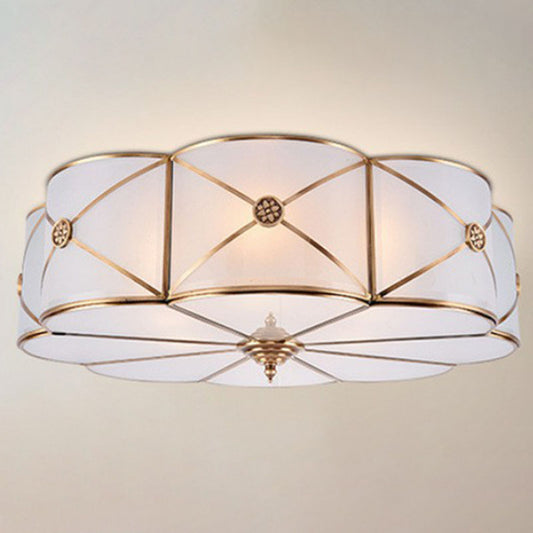 Colonial Style Flower Ceiling Lamp Frosted White Glass Flushmount with X-Brace in Brass Clearhalo 'Ceiling Lights' 'Close To Ceiling Lights' 'Close to ceiling' 'Flush mount' Lighting' 2267760