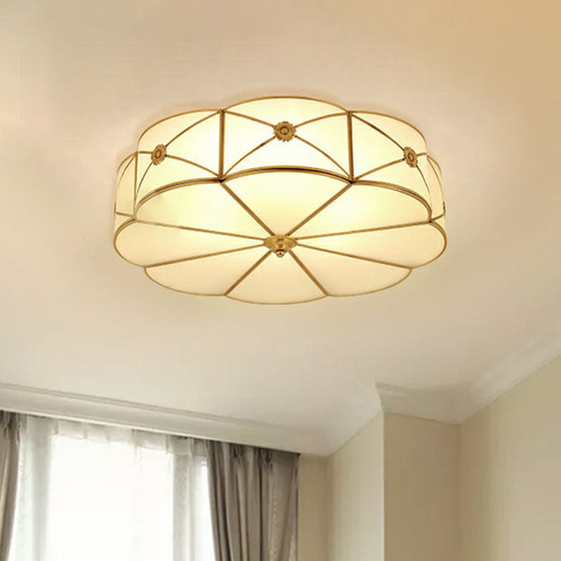 Floral Bedroom Ceiling Mounted Light Colonial Chic White Glass Brass Finish Flush Light Clearhalo 'Ceiling Lights' 'Close To Ceiling Lights' 'Close to ceiling' 'Flush mount' Lighting' 2267772