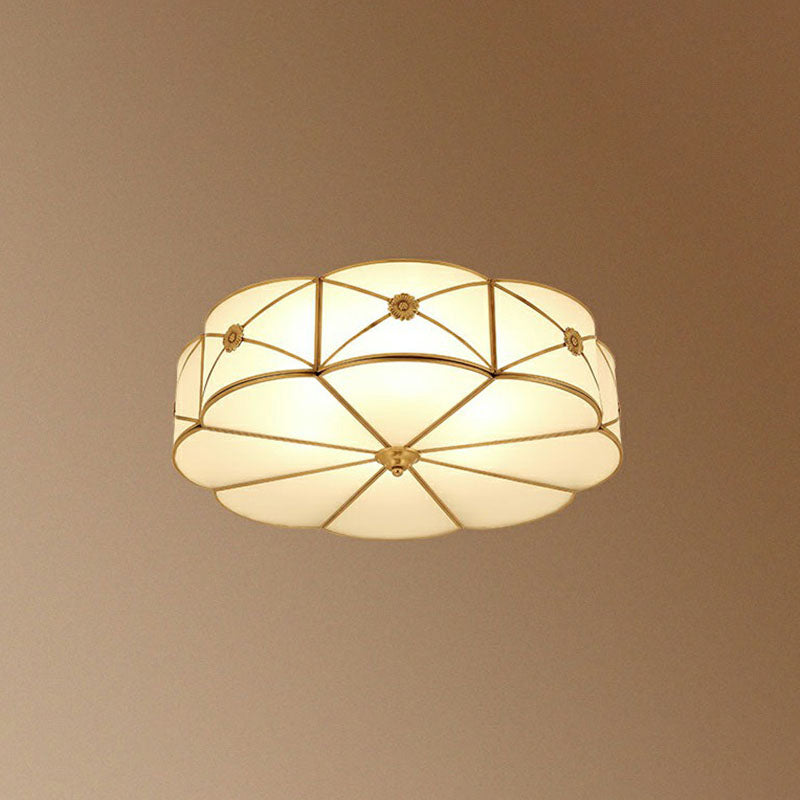 Floral Bedroom Ceiling Mounted Light Colonial Chic White Glass Brass Finish Flush Light 3 White Clearhalo 'Ceiling Lights' 'Close To Ceiling Lights' 'Close to ceiling' 'Flush mount' Lighting' 2267773