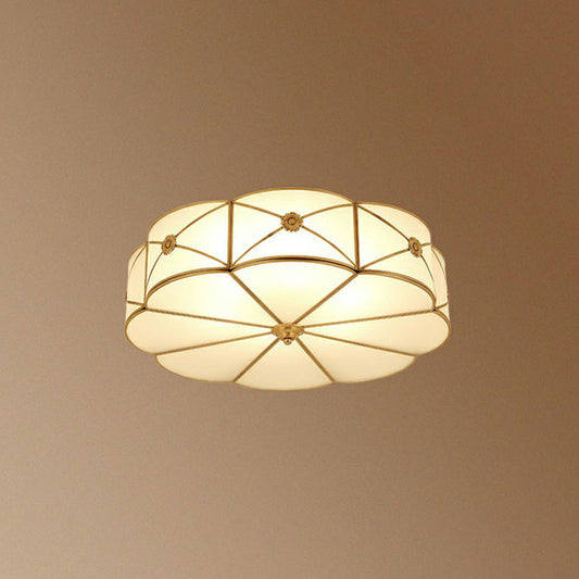 Floral Bedroom Ceiling Mounted Light Colonial Chic White Glass Brass Finish Flush Light 3 White Clearhalo 'Ceiling Lights' 'Close To Ceiling Lights' 'Close to ceiling' 'Flush mount' Lighting' 2267773