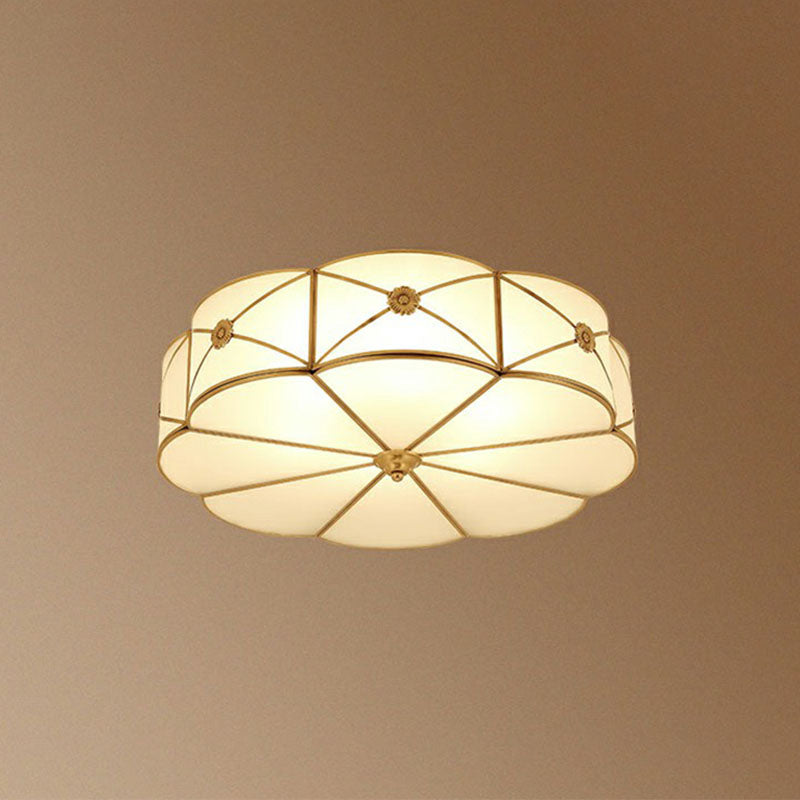 Floral Bedroom Ceiling Mounted Light Colonial Chic White Glass Brass Finish Flush Light 4 White Clearhalo 'Ceiling Lights' 'Close To Ceiling Lights' 'Close to ceiling' 'Flush mount' Lighting' 2267774