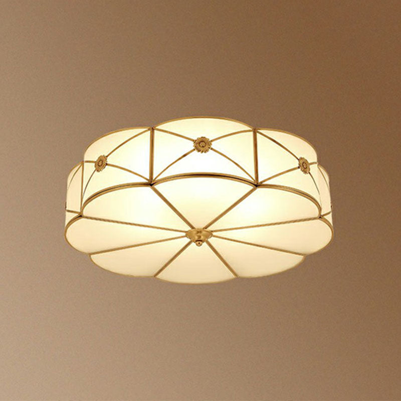 Floral Bedroom Ceiling Mounted Light Colonial Chic White Glass Brass Finish Flush Light 6 White Clearhalo 'Ceiling Lights' 'Close To Ceiling Lights' 'Close to ceiling' 'Flush mount' Lighting' 2267775