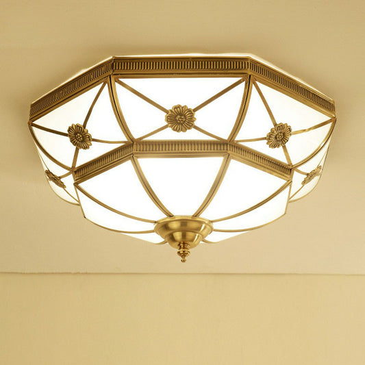 Brass Basket Shaped Flush Light Traditional Frosted Glass Bedroom Flushmount Ceiling Lamp Brass Clearhalo 'Ceiling Lights' 'Close To Ceiling Lights' 'Close to ceiling' 'Flush mount' Lighting' 2267790